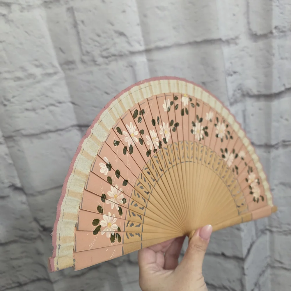 Floral Handheld Fan - Pink and Tan - Picture 5 of 10